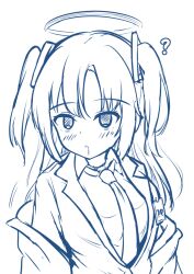 blue_archive blush clothed confused drool empty_eyes expressionless female_only femsub hair_ornament halo haruduki jacket school_uniform shirt simple_background sketch solo tie twintails white_background yuuka_(blue_archive)