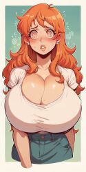  absurdres ai_art blush cleavage earrings female_only femsub huge_breasts long_hair nami_(one_piece) one_piece orange_hair rasten41_(generator) shirt simple_background solo spiral spiral_eyes sweat 