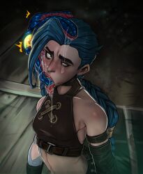  absurdres ahegao ahoge arm_bands bare_shoulders blue_hair braid crop_top crossed_eyes dazed dc_comics drool femsub flat_chest jinx_(lol) league_of_legends navel open_mouth parasite ponytail possession reliusmax slime starro tank_top tattoo 