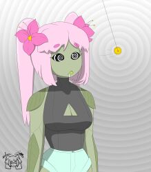  bangs breasts cleavage cleavage_cutout coin drool erect_nipples_under_clothes expressionless eyebrows_visible_through_hair eyelashes fangs femsub flower flower_in_hair gradient_background large_breasts open_mouth original pendulum pink_hair plant plant_girl shirt short_shorts shorts signature sobergin spiralwash_eyes standing twintails 