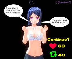  3d aoi_(hypnolordx) blue_hair blush bra breasts custom_maid_3d_2 drool empty_eyes happy_trance hypnolordx navel open_mouth original progress_indicator purple_eyes shorts signature small_breasts text topless undressing 