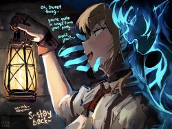  alterkyon breasts brown_eyes brown_hair elf_ears english_text femdom femsub ghost ghost_girl gloves open_mouth original shirt text 