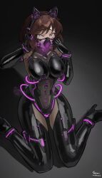  absurdres bangs blue_eyes boots breast_sucking breasts brown_hair cat_ears corruption cuffs evilfall_(yaokisub) fake_animal_ears female_only femsub freya_(spartan09) gas_mask geni2 gloves grey_background headphones high_heels hypnotic_gas kneeling latex leotard looking_at_viewer milking milking_machine opera_gloves original rubber scared see-through short_hair shrunken_irises signature simple_background sitting tech_control thigh_boots thighhighs tubes 