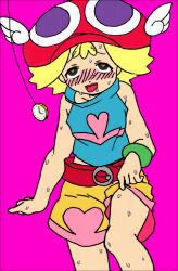 ahegao amitie belt blonde_hair blush clothed female_only femsub hat heart heart_eyes open_mouth orgasm pocket_watch professor-celestino_(manipper) puyo_puyo shorts sweat symbol_in_eyes tongue tongue_out