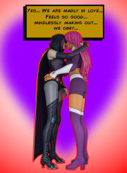 3d cloak dc_comics dialogue english_text female_only femsub fortnite grey_skin leotard long_hair orange_skin pink_hair purple_hair raven saltygauntlet short_hair starfire super_hero teen_titans text
