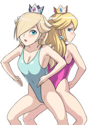  bare_legs bare_shoulders blonde_hair blue_eyes blush cleavage clothed collarbone crown earrings female_only femsub hai_(h81908190) haigure hair_covering_one_eye leotard multiple_girls multiple_subs nintendo one-piece_swimsuit princess_peach princess_rosalina royalty super_mario_bros. super_mario_galaxy white_background 
