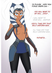  absurdres ahsoka_tano alien alien_girl breasts denial dialogue drool empty_eyes english_text expressionless female_only femsub gloves instant_loss jedi_mind_trick nexus_light open_mouth opera_gloves star_wars tentacles text togruta topless twintails 