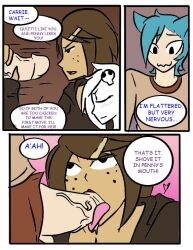  animal_ears brown_hair carrie_krueger comic fellatio freckles gumball_watterson handjob heterosexual inuyuru long_hair penis penny_fitzgerald personification possession text the_amazing_world_of_gumball tongue tongue_out 
