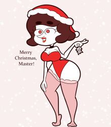  absurdres apopop breasts christmas female_only femsub happy_trance hat open_mouth original sally_(apopop) santa_hat short_hair simple_background spiral_eyes symbol_in_eyes text 