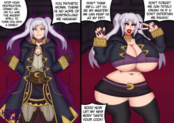 ass before_and_after belt bimbofication brain_drain breasts cleavage collar curvy dialogue eyeshadow femsub fire_emblem fire_emblem_awakening gloves grima_(fire_emblem_awakening) hinata-hime huge_breasts jacket large_ass large_hips lipstick magic makeup miniskirt nail_polish nintendo possession red_eyes red_lipstick skirt smile speech_bubble thighhighs twintails v white_hair wide_hips