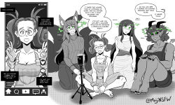  anno_(anno) bangs bare_legs barefoot black_sclera blush cell_phone cleavage demon_girl dialogue double_v dress elf_ears femdom femsub glasses gloves green_eyes greyscale happy_trance heavy_eyelids horns long_hair majinsfw multiple_girls multiple_subs nail_polish open_mouth original phone poma_(majinsfw) posing sharp_teeth short_hair signature simple_background sitting smile speech_bubble spiral_eyes suspenders tail tank_top text toenail_polish twintails user_interface v 