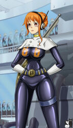  antenna arms_behind_back belt bodysuit cables collar corruption empty_eyes female_only femsub gloves gun headphones nami_(one_piece) one_piece orange_hair rosvo rubber standing_at_attention tubes unhappy_trance weapon 