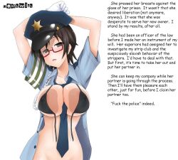 against_glass black_hair bra breast_press breasts caption deathwish_(manipper) erect_nipples femsub glass glasses gloves hat humor manip open_clothes open_mouth open_shirt police_uniform short_hair simple_background text tie underwear white_background 