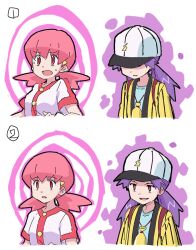  before_and_after casey_(pokemon) empty_eyes female_only femsub hat hitsugi_mc nintendo pink_hair pokemon pokemon_(anime) pokemon_heartgold_and_soulsilver purple_hair red_eyes spiral twintails whitney 