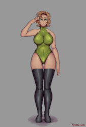  agnikka_sato breasts expressionless female_only femsub glasses large_breasts leotard saluting standing standing_at_attention thighhighs 