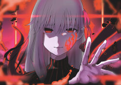 alternate_costume angra_mainyu aura corruption dark_sakura empty_eyes eye_color_change facial_markings fate/stay_night fate/stay_night_heaven&#039;s_feel fate_(series) femsub gonikki hair_color_change hair_ribbon long_hair looking_at_viewer possession red_eyes ribbon sakura_matou white_hair
