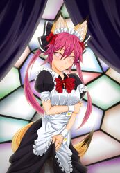 animal_ears blush breasts caster_(fate/extra) fate/extra fate_(series) female_only femsub fox_girl glowing glowing_eyes happy_trance large_breasts long_hair maid manip petal_(manipper) pink_hair skirt skirt_lift smile solo twintails