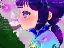 barukkusu blue_eyes blue_hair blush bodysuit breath empty_eyes expressionless fellatio femsub grey_background hypnotic_gas original rubber spiral_eyes sweat trembling twintails