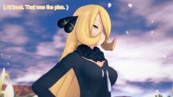 aware blonde_hair clothed cynthia dialogue english_text female_only grey_eyes hair_covering_one_eye mustardsauce pokemon pokemon_(anime) solo text