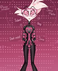  angel_dust_(hazbin_hotel) arms_behind_back bodysuit bulge collar demon_boy expressionless femboy furry hazbin_hotel heart hourglass_figure hypnopet666 male_only malesub null_bulge pink_background ring_eyes simple_background solo spider_boy spiral tagme tech_control text trembling visor white_hair white_skin 
