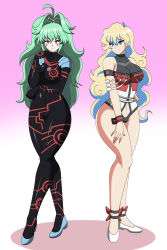  absurdres ahoge alfimi blue_hair bodysuit breasts cameltoe cuffs dlobo777 empty_eyes eyebrows_visible_through_hair facial_markings female_only femsub gradient_background gurren_lagann happy_trance large_breasts long_hair looking_at_viewer midriff multicolored_hair multiple_girls multiple_subs navel nia_teppelin shoes simple_background smile super_robot_wars thigh_gap thighs tight_clothing 