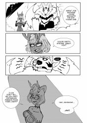  angry bare_shoulders black_lipstick black_sclera border breasts cleavage clinickcase comic corruption dark_skin demon demon_boy dress eldritch english_text eyebrows_visible_through_hair fate/grand_order fate_(series) femdom glasses gloves goat_boy greyscale horns jacques_de_molay_(foreigner) lipstick makeup malesub monochrome opera_gloves possession preview ritsuka_fujimaru_(male) scared short_hair shub-niggurath simple_background speech_bubble spiral_eyes sweat text tight_clothing transformation turning_the_tables white_background wings 
