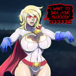  bite_mark blonde_hair breasts cleavage cleavage_cutout dc_comics female_only femsub glowing glowing_eyes large_breasts power_girl red_eyes solo speech_bubble super_hero vampire zombie_walk zorro-zero 