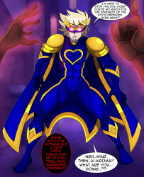  absurdres blonde_hair cape dialogue female_pov femdom gloves glowing glowing_eyes male_only malesub mask muscle_boy original pov pov_dom short_hair speech_bubble standing super_hero text zorro-zero 