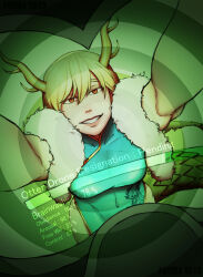  agnikka_sato blonde_hair dronification femdom horns looking_at_viewer orange_eyes pov pov_sub progress_indicator scales smile spiral tail tech_control text touhou visor yachie_kicchou 