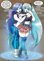 absurdres alternate_costume bare_shoulders blue_hair bracelet breasts chains choker cleavage clothed corruption crossover empty_eyes english_text fairy_tail female_only femsub high_heels hug hypnotic_magic hypnotized_hypnotist juvia_loxar lipstick magic makeup midriff miku_hatsune navel rock_of_succubus skirt speech_bubble sub_on_sub text thighhighs thighs very_long_hair vocaloid white_skin zorro-zero