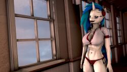  114_(artist) 3d absurdres bare_legs blue_hair brain_drain breasts crop_top drool female_only femsub furry heavy_eyelids horse_girl long_hair my_little_pony navel open_mouth panties school_uniform shirt smile solo spiral_eyes standing symbol_in_eyes tail tattoo tongue tongue_out unaware unicorn unicorn_girl vinyl_scratch white_skin 