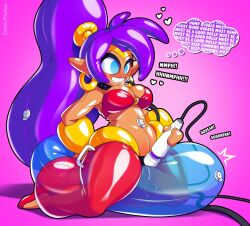  balloon blue_eyes cleavage clothed crotch_rub dollification drool earrings empty_eyes eroticphobia female_only femsub heart inflatable kneeling large_breasts magic_wand mantra masturbation midriff pooltoy purple_hair pussy_juice shantae shantae_(series) simple_background solo text thought_bubble transformation very_long_hair vibrator 