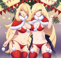  absurdres bikini blonde_hair bow breasts christmas cleavage cynthia dazed draltruist female_only femsub glowing glowing_eyes hair_covering_one_eye happy_trance icontrol_(manipper) large_breasts looking_at_viewer lusamine manip milf mistletoe multiple_girls multiple_subs navel nintendo open_mouth panties pokemon pokemon_diamond_pearl_and_platinum pokemon_sun_and_moon scott_bennett smile spiral_eyes symbol_in_eyes thighhighs underwear very_long_hair 