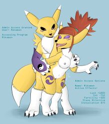 brain_drain breasts digimon digimon_tamers female_only femsub furry mr.h open_mouth ponytail progress_indicator purple_eyes red_hair renamon rika_nonaka spiral_eyes symbol_in_eyes tail_growth tech_control text transformation