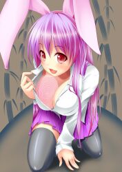  animal_ears breasts bunny_girl cleavage femdom hypnotic_breasts kneeling large_breasts long_hair looking_at_viewer manip pov pov_sub purple_hair reisen_udongein_inaba spiral thighhighs touhou undressing 