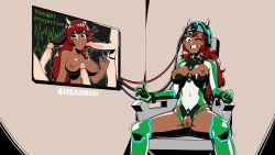 4headboiii absurdres allison_(argonis) breasts chair clothed_exposure cow_girl dark_skin female_only femsub group_sex helmet horns long_hair monitor open_mouth original penis red_hair resisting smile tech_control text topless