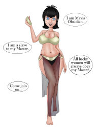  absurdres barefoot black_hair blue_eyes breasts collar dialogue female_only femsub happy_trance harem_outfit hotel_transylvania large_breasts large_hips mavis_(hotel_transylvania) midriff neo-izayoi see-through short_hair spiral_eyes symbol_in_eyes text vampire 