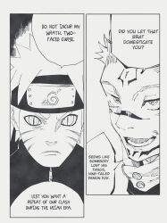  comic crossover dialogue english_text facial_markings femdom greyscale itadori_yuji jujutsu_kaisen kurama_(naruto) maledom malesub multiple_boys naruto_(series) naruto_uzumaki ninja possession ryomen_sukuna short_hair slit_pupils speech_bubble story tagme text trugglerart 