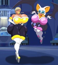  bat_girl bat_wings bimbofication blonde_hair bodysuit cleavage earrings eyelashes eyeshadow femdom femsub furry gloves high_heels lipstick makeup opera_gloves rouge_the_bat sonic_the_hedgehog_(series) sonic_x tan_skin thick_thighs thigh_boots topaz_(sonic_x) turboranger 