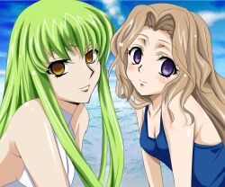  blush brakshooter breasts brown_hair c.c. code_geass empty_eyes female_only femsub green_hair happy_trance leaning_forward long_hair manip multiple_girls multiple_subs nunnally_lamperouge one-piece_swimsuit purple_eyes school_swimsuit small_breasts smile sol420_(manipper) swimsuit yellow_eyes 