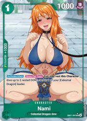  blush card collar doggos_doujins empty_eyes femsub happy_trance harem_outfit long_hair nami_(one_piece) one_piece orange_hair pet_play text tongue_out 