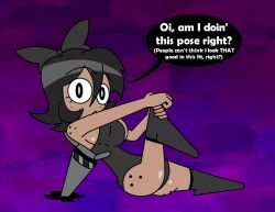 aged_up altered_perception alternate_costume androgynous_dom bare_shoulders black_hair bow dark_skin english_text eyebrows_visible_through_hair eyelashes femsub freckles good_sub_conditioning hypnoscream large_ass large_breasts leotard looking_at_viewer murder_drones posing pov_dom purple_background shiny_skin short_hair sideboob sitting solo speech_bubble tessa_james_elliot thought_bubble unaware