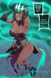  breasts brown_hair dark_skin dialogue english_text female_only femsub glowing glowing_eyes karma_(lol) large_breasts league_of_legends magic ratatatat74 resisting ruination short_hair sweat text 