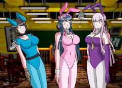 alerith alternate_costume bare_shoulders black_hair blue_eyes blue_hair breasts bunny_ears bunny_girl bunnysuit chin_hold cleavage coin cosplay costume dangan_ronpa fake_animal_ears femsub fingerless_gloves gloves happy_trance kyoko_kirigiri large_breasts magical_girl mukuro_ikusaba pendulum phantom_hand purple_eyes purple_hair sayaka_maizono short_hair shrunken_irises smile sparkle standing standing_at_attention very_long_hair witch