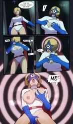 alien belt blonde_hair blue_eyes breast_grab cape cleavage cleavage_cutout comic dc_comics drool female_only femsub gammanor gloves hair_covering_one_eye large_breasts leotard lipstick masturbation mind_break nipples open_mouth orgasm parasite power_girl resisting short_hair solo spiral_background starro super_hero sweat text tongue tongue_out trembling