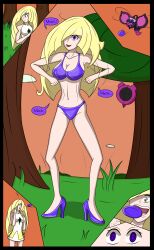  breasts chicken_pose dialogue female_only femsub happy_trance hy2300 lusamine mochi_dance nintendo pecharunt pokemon pokemon_sun_and_moon spiral_eyes swimsuit symbol_in_eyes text 