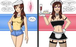  before_and_after breasts brown_hair cleavage crystal domestication english_text female_only femsub forced_employee happy_trance heart heart_eyes large_breasts long_hair maid maid_headdress makeup nina_(ninapowa) original pendulum polmanning smile speech_bubble symbol_in_eyes text tray 