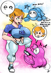 absurdres ben_10 body_swap breasts clothed embarrassed fall_guys femsub gwen_tennyson haigure heart large_breasts large_hips onatart penis text unhappy_trance