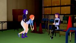  3d bare_legs ben_10 black_hair blackfire bottomless cartoon_network clothed crossover dc_comics empty_eyes femdom femsub grey_skin gwen_tennyson legs long_hair orange_hair purple_hair raven sex short_hair sub_on_sub super_hero takazumishan teen_titans yuri 