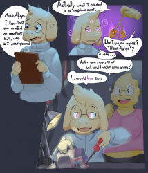  alexander_bite alphys_(undertale) asriel_dreemurr before_and_after clothed comic dialogue femdom furry glasses glowing_eyes happy_trance malesub nerdification pendulum text undertale 